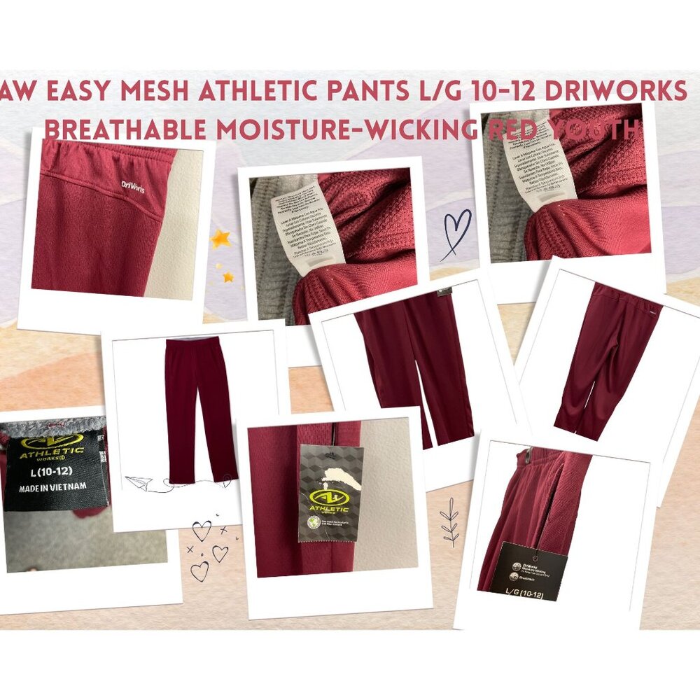 AW Easy Mesh Athletic Pants L/G 10-12 DriWorks Breathable Moisture-Wicking Red Y